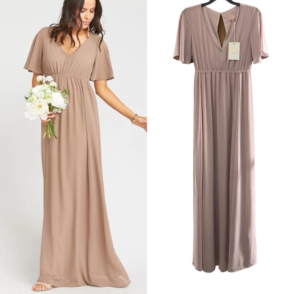 Show Me Your Mumu Emily Empire Maxi Gown Dress Sz S Womens Beige Chiffon NEW